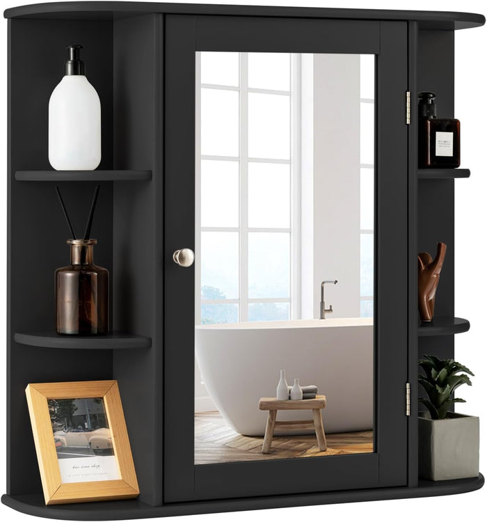 Mobile da Bagno con Specchio 66 x 17 x 63cm, Mobiletto in Legno Appeso con Mensole Regolabili, Armadietto dei Medicinali Multiuso per Bagno Salone Cucina (Nero)