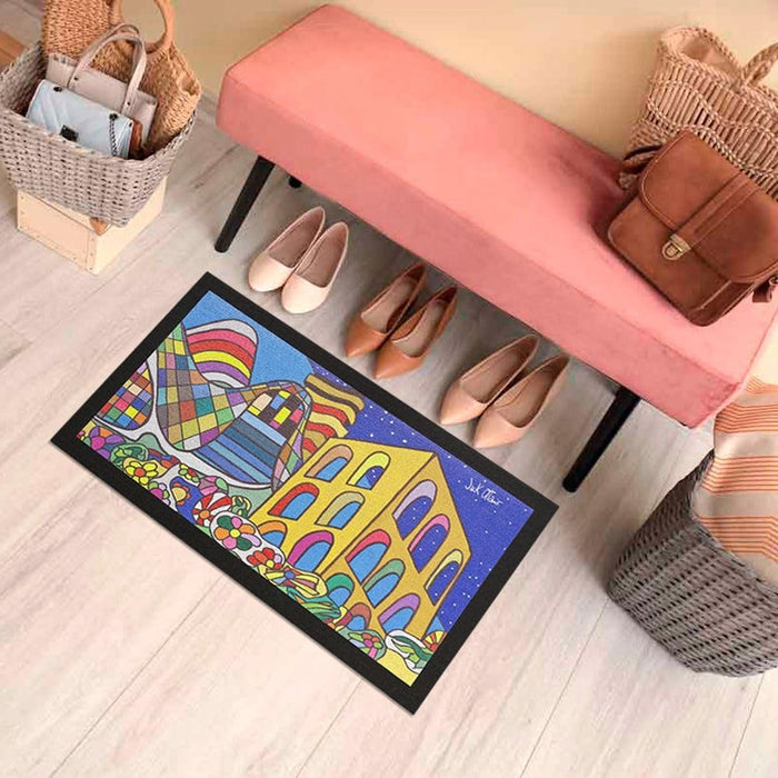 Zerbino Gomma Dipinto Artistico Jack Ottanio Pop Art 40x70 cm Antiscivolo Pop Buildings (C)