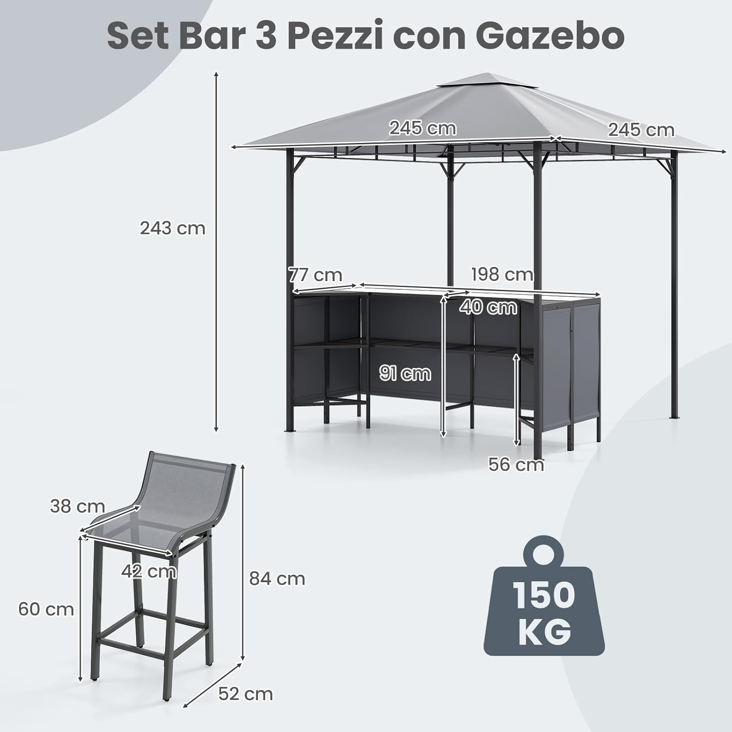 Gazebo da Esterno 245 x 245 x 243 cm, Set da Bar 3 Pezzi con Doppio Piano con 2 Sgabelli, Tavolo in Vetro Temperato e 2 Sedie, Tenda Impermeabile per Feste, BBQ in Giardino e Cortile