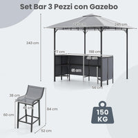 Gazebo da Esterno 245 x 245 x 243 cm, Set da Bar 3 Pezzi con Doppio Piano con 2 Sgabelli, Tavolo in Vetro Temperato e 2 Sedie, Tenda Impermeabile per Feste, BBQ in Giardino e Cortile