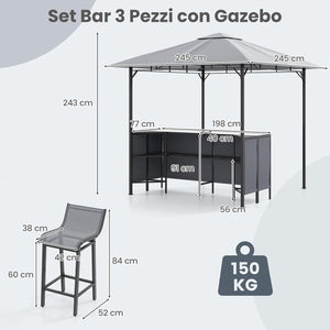 Gazebo da Esterno 245 x 245 x 243 cm, Set da Bar 3 Pezzi con Doppio Piano con 2 Sgabelli, Tavolo in Vetro Temperato e 2 Sedie, Tenda Impermeabile per Feste, BBQ in Giardino e Cortile