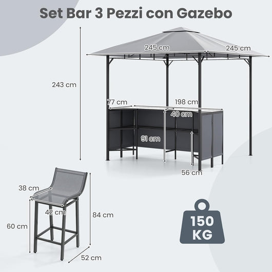Gazebo da Esterno 245 x 245 x 243 cm, Set da Bar 3 Pezzi con Doppio Piano con 2 Sgabelli, Tavolo in Vetro Temperato e 2 Sedie, Tenda Impermeabile per Feste, BBQ in Giardino e Cortile