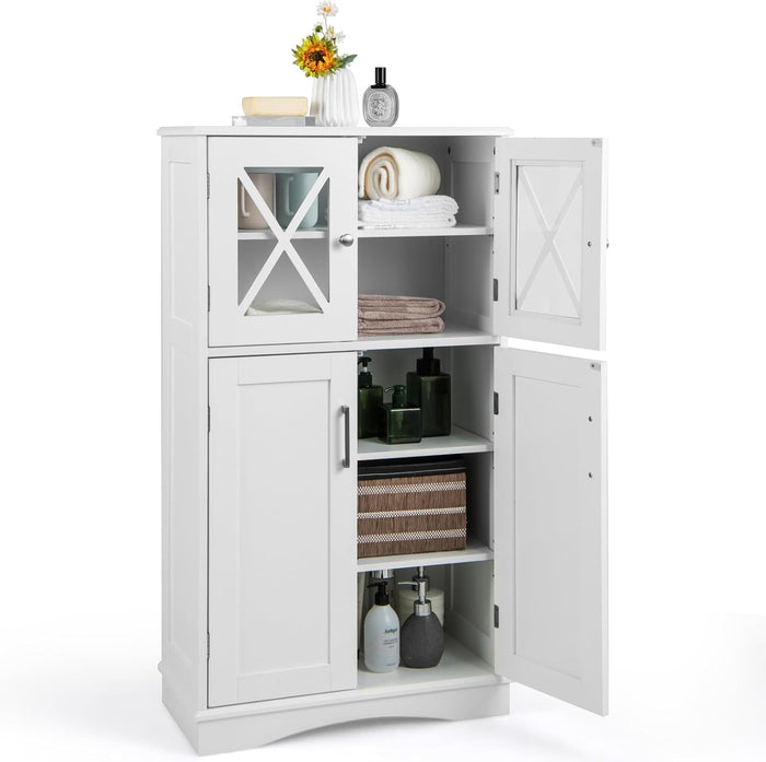Mobile da Bagno con 4 Ante, Armadio da Terra con Ripiani Regolabili, Mobiletto Multifunzionale per Bagno Cucina e Soggiorno, 60x30x108 cm, Bianco (Bianco)