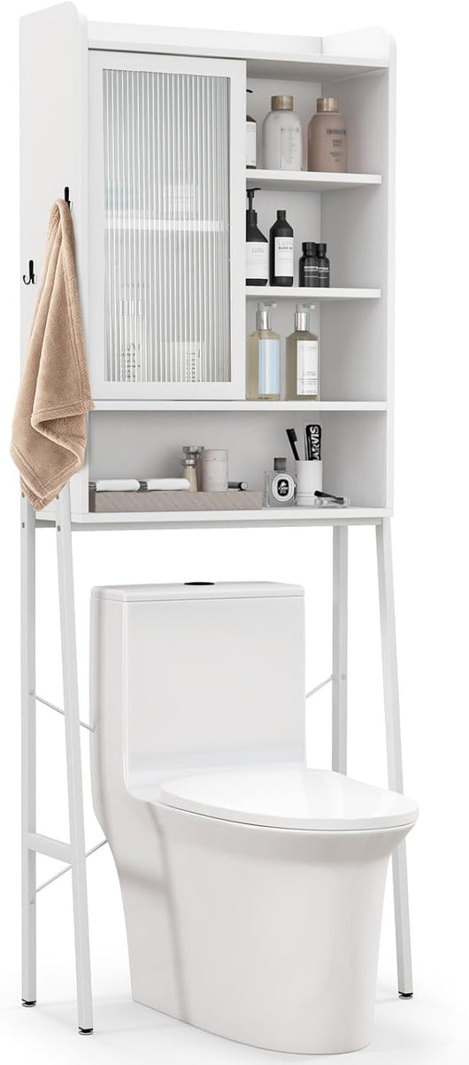 Mobiletto per Bagno, Armadio Sopra WC con Anta Scorrevole e Struttura Metallica, Scaffale Salvaspazio con Ripiani Regolabili per Bagno Lavanderia, 63x29x170 cm (Bianco)