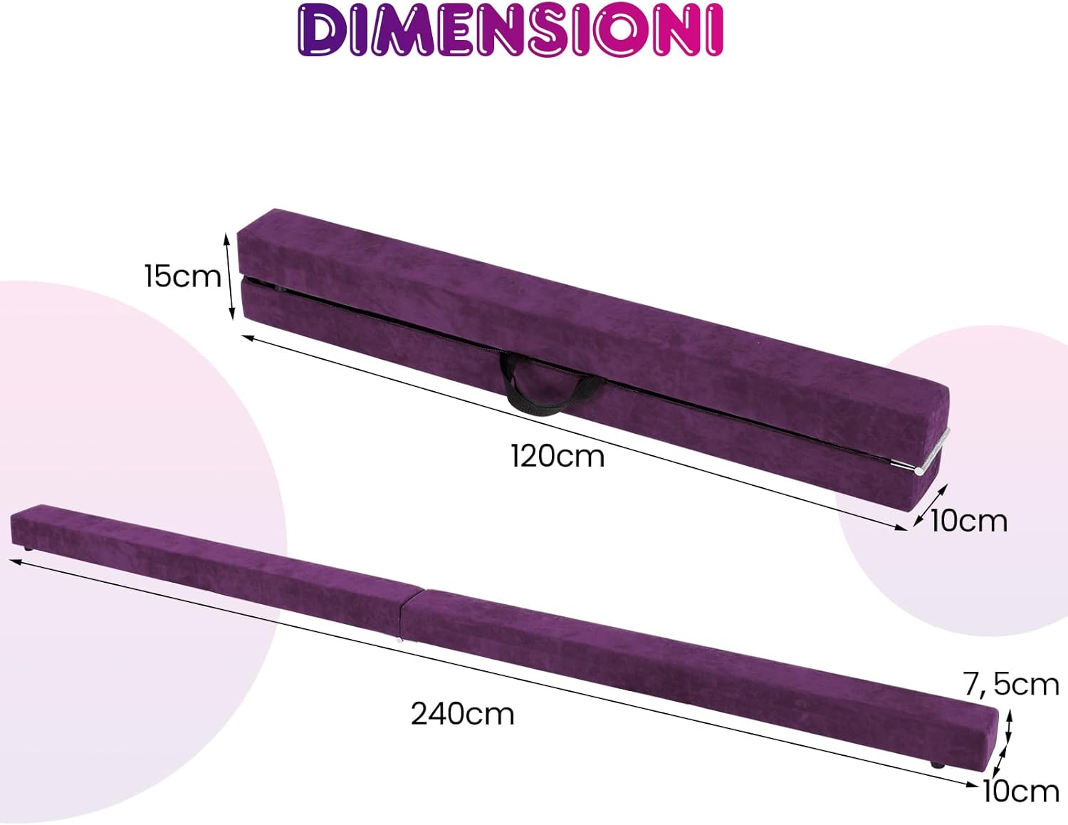 Trave Ginnastica Artistica per Casa 210/240 cm, Trave Pieghevole per Bambini con Maniglia, Base in Legno e Fondo Antiscivolo, Trave di Equilibrio da Pavimento