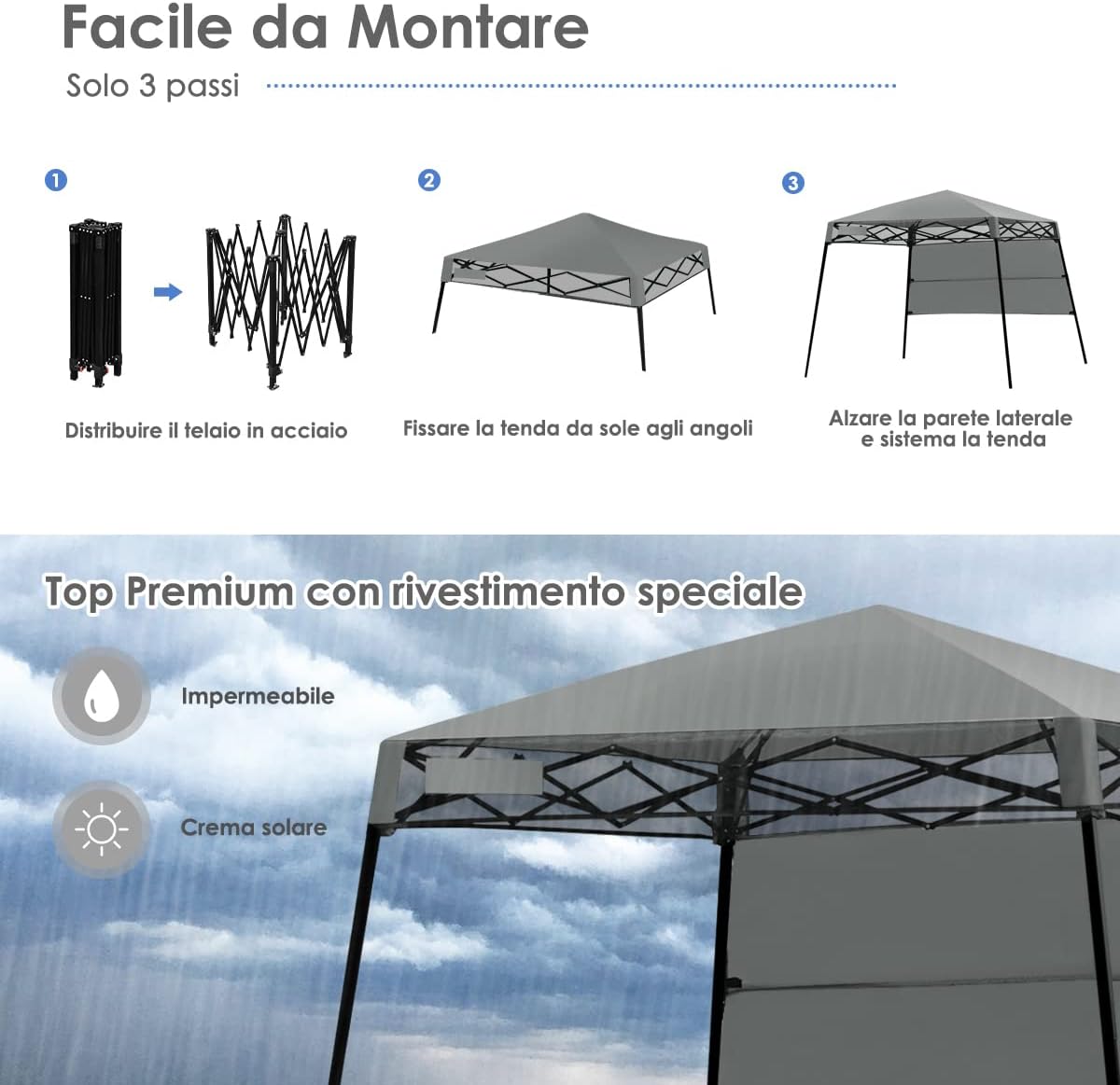 Gazebo Pieghevole da Giardino 210 x 210CM, Struttura in Acciaio, Altezza Regolabile, Gazebo da Esterno con Borsa, Ideale per Feste, Barbecue, Giardino e Spiaggia (grigio)