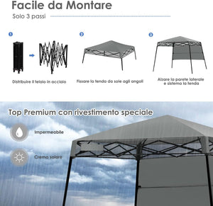 Gazebo Pieghevole da Giardino 210 x 210CM, Struttura in Acciaio, Altezza Regolabile, Gazebo da Esterno con Borsa, Ideale per Feste, Barbecue, Giardino e Spiaggia (grigio)