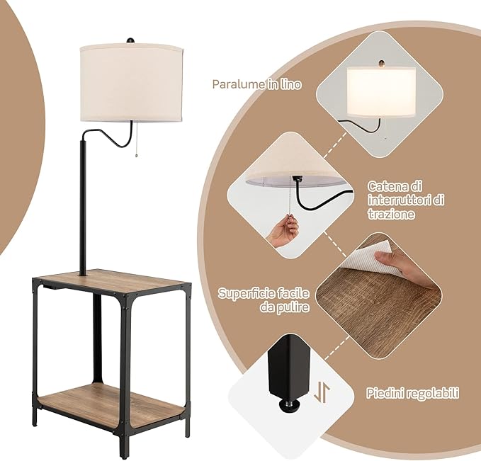 Lampada da Terra in Metallo e Legno, Lampada da Lettura con Tavolino, Mensola e Porta USB, Lampada Ruotabile di 360° per Camera da letto e Salotto
