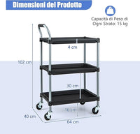Carrello Utensili a 3 Strati, Carrello Porta Attrezzi con Manico Imbibito e Ruote Universali Bloccabili per Garage, Magazzino, Officina e Cucina, Portata 45 kg, 64 x 40 x 102 cm