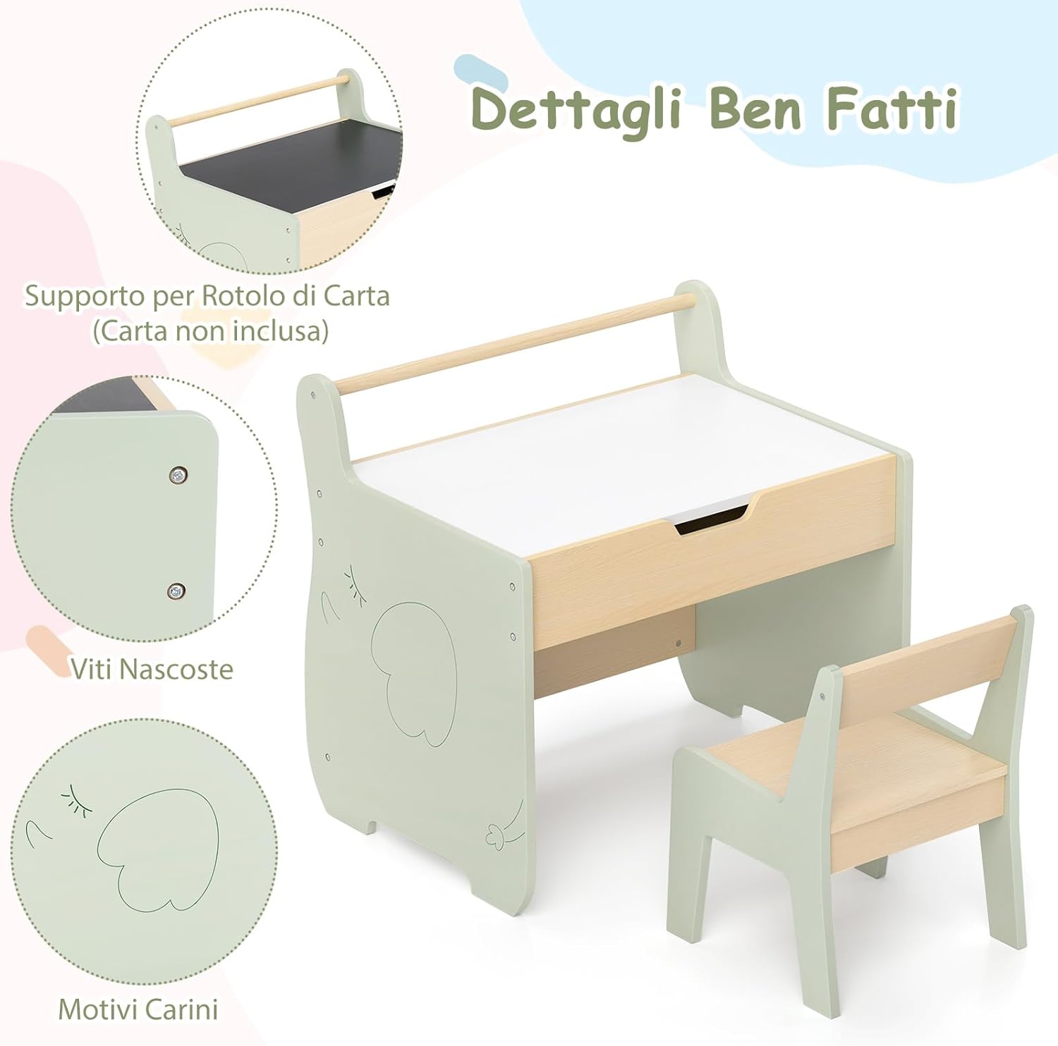 Tavolo a Forma di Elefante con Sedie 2 in 1, Set Tavolo e Sedie in Legno con Piano Rimovibile, Spazio di Archiviazione e Porta Rotolo di Carta per Aula per Cameretta, Aula e Asilo, Verde
