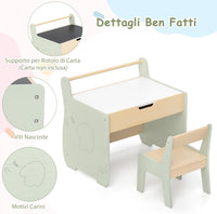 Tavolo a Forma di Elefante con Sedie 2 in 1, Set Tavolo e Sedie in Legno con Piano Rimovibile, Spazio di Archiviazione e Porta Rotolo di Carta per Aula per Cameretta, Aula e Asilo, Verde