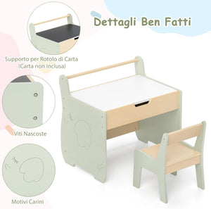 Tavolo a Forma di Elefante con Sedie 2 in 1, Set Tavolo e Sedie in Legno con Piano Rimovibile, Spazio di Archiviazione e Porta Rotolo di Carta per Aula per Cameretta, Aula e Asilo, Verde