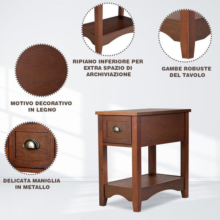 Tavolino da Salotto in Legno Massello, Comodino con 1 Cassetto e 1 Ripiano, Tavolino Basso da Soggiorno e Camera da Letto (56 x 33 x 58,5 cm, Legno di ciliegio, 2)