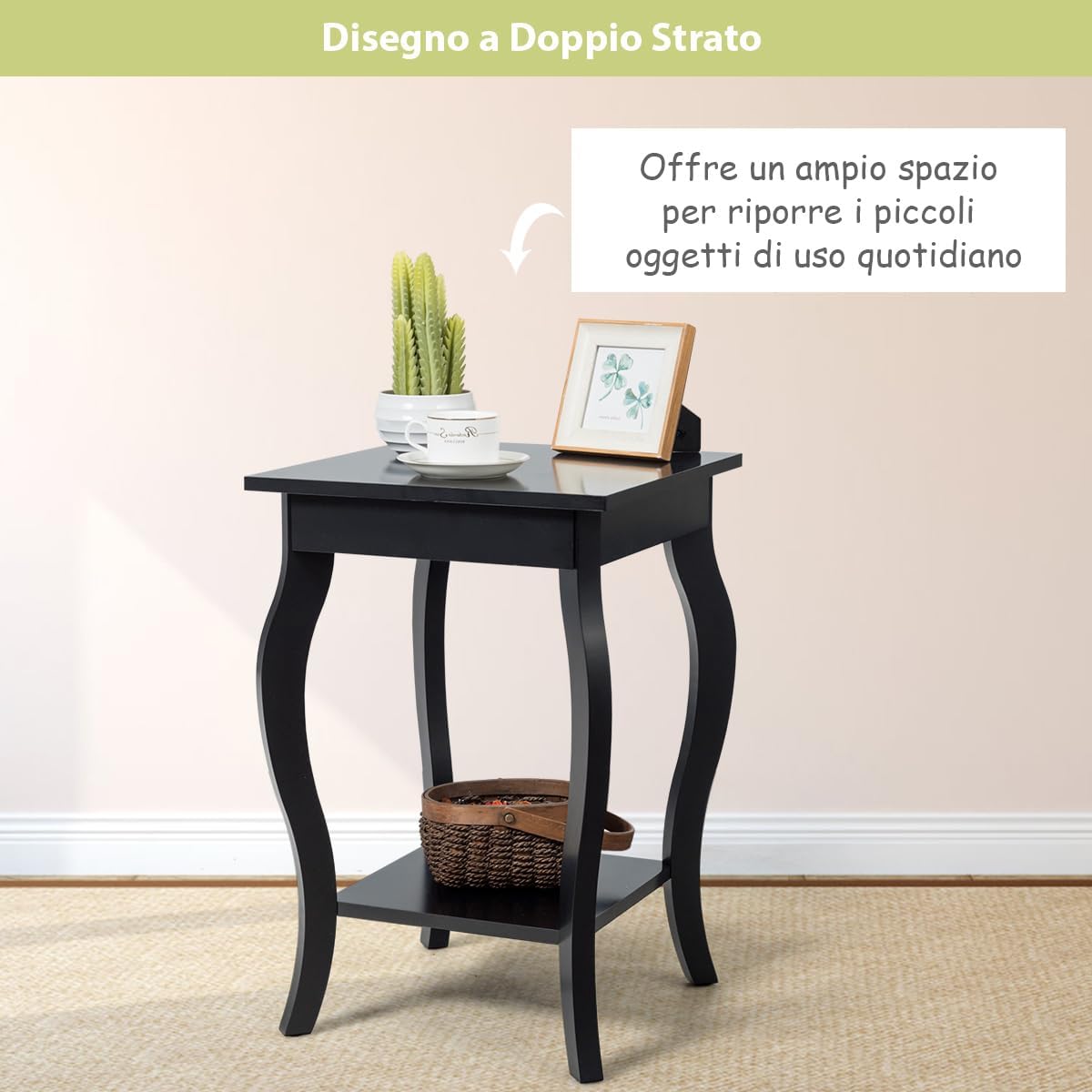 Comodino, Comodino da Divano a 2Livelli, Tavolino per la Camera da Letto, Capacità di peso di 17 kg, 40 x 40 x 60 cm (1, nero)