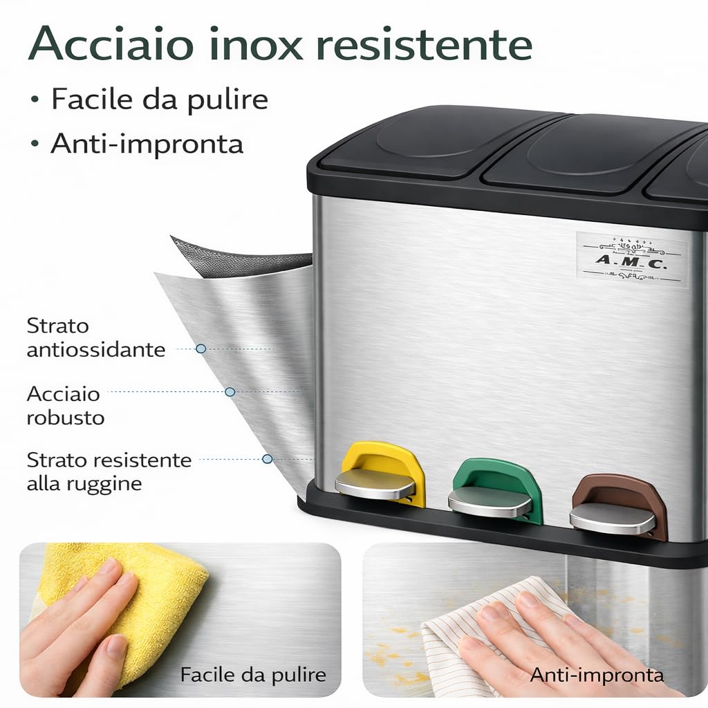 Pattumiera Differenziata 45L (3x15L) con Pedale, Cestino Raccolta Triplo da Cucina in Acciaio Metallico, 3 Scomparti con Coperchio, Colore Argento e Nero.