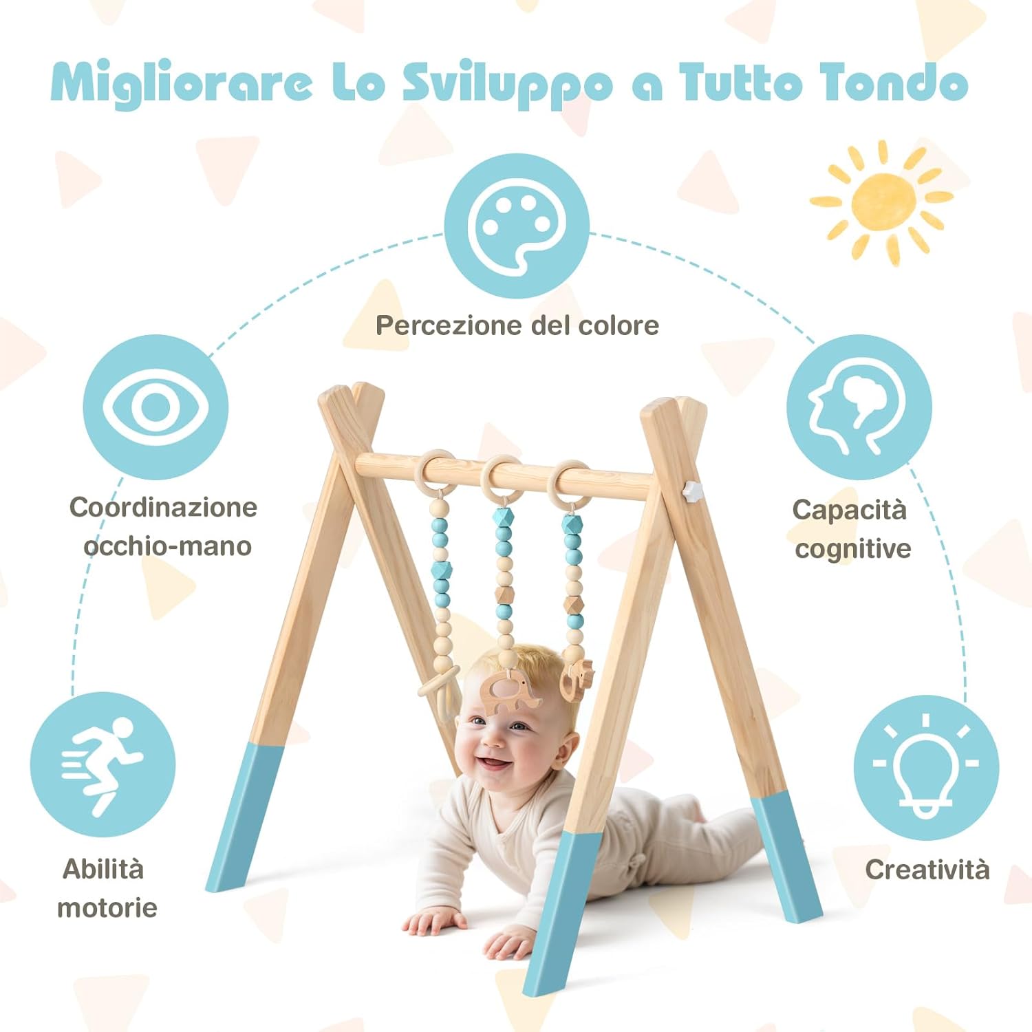 Palestrina per Bambini, Palestrina con Giocattoli per Dentizione Sviluppo Cerebrale Stimolazione Sensoriale, Pieghevole, in Legno, per Bambini 3+ Mesi (Verde)