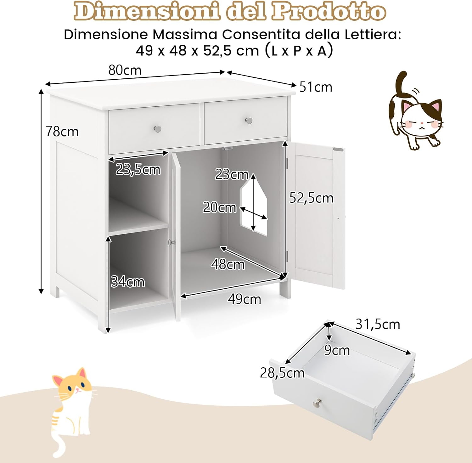 Lettiera Nascosto per Gatti, Mobile Laterale per Gatti con 2 Cassetti, 2 Porte, Ripiani Aperti e Dispositivi Anti-Ribaltamento, Armadio Salvaspazio per Animali Domestici Interno, Bianco