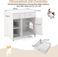 Lettiera Nascosto per Gatti, Mobile Laterale per Gatti con 2 Cassetti, 2 Porte, Ripiani Aperti e Dispositivi Anti-Ribaltamento, Armadio Salvaspazio per Animali Domestici Interno, Bianco