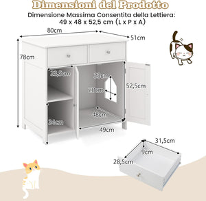 Lettiera Nascosto per Gatti, Mobile Laterale per Gatti con 2 Cassetti, 2 Porte, Ripiani Aperti e Dispositivi Anti-Ribaltamento, Armadio Salvaspazio per Animali Domestici Interno, Bianco