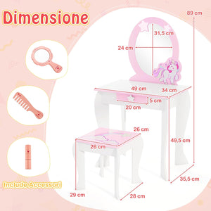 Set Toeletta per Ragazza, Toeletta Trucco per Bambini con Sgabello, Specchio Staccabile e Cassetto, Postazione Trucco in Legno per Cameretta 49.5 x 35.5 x 89cm (Bianco)