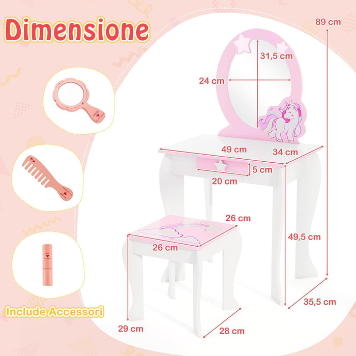Set Toeletta per Ragazza, Toeletta Trucco per Bambini con Sgabello, Specchio Staccabile e Cassetto, Postazione Trucco in Legno per Cameretta 49.5 x 35.5 x 89cm (Bianco)