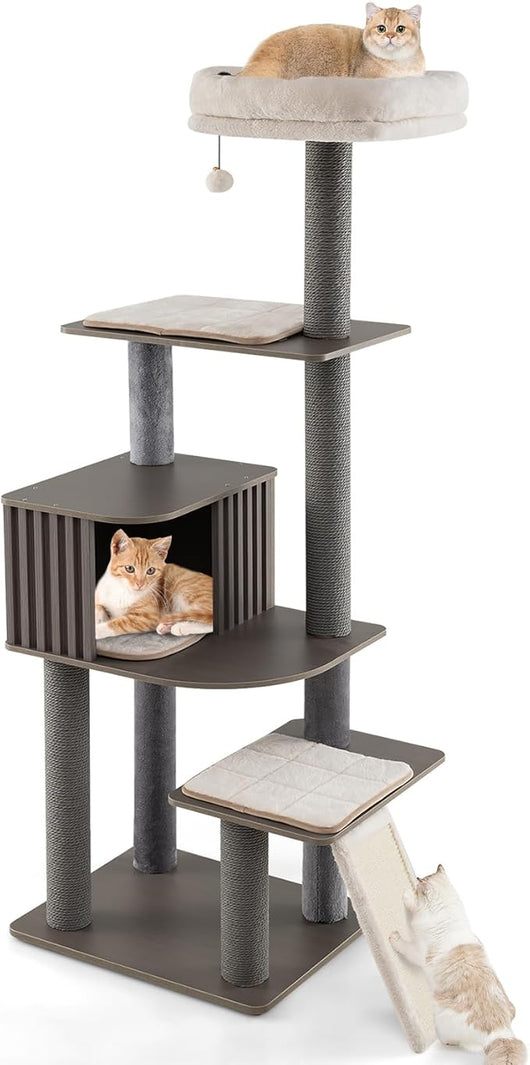Albero per Gatti a 6 Livelli, Torre per Gatti Alta 171 cm con Cuscino, Condominio, Tappetini Staccabili e Pannello in Sisal, Albero Tiragraffi in Legno con Palla Pompom Appesa