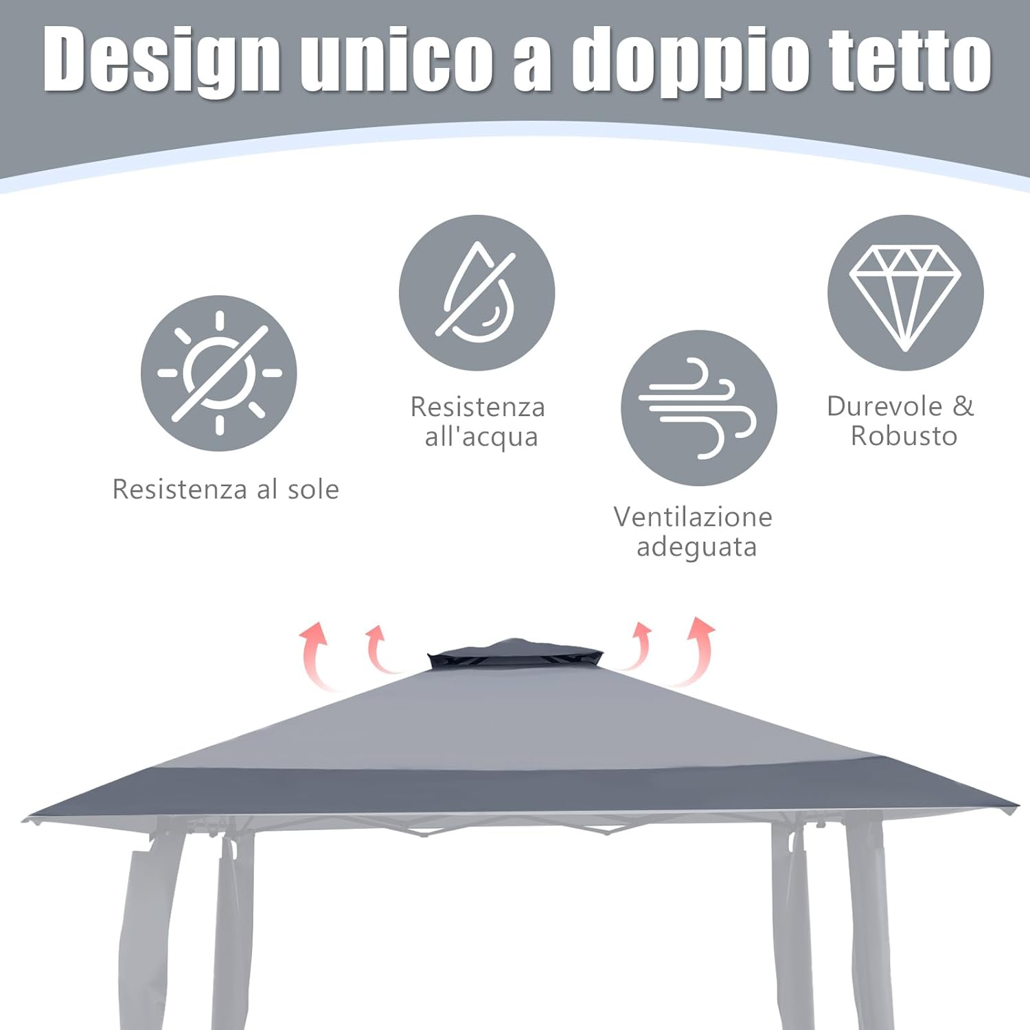 Gazebo da Giardino 3,95 x 3,95 M, Gazebo da Esterno con Tetto a 2 Livelli e 3 Altezze Regolabili, con Borsa,Tessuto Oxford, Ideale per Feste, Barbecue, Giardino, Spiaggia (Grigio)