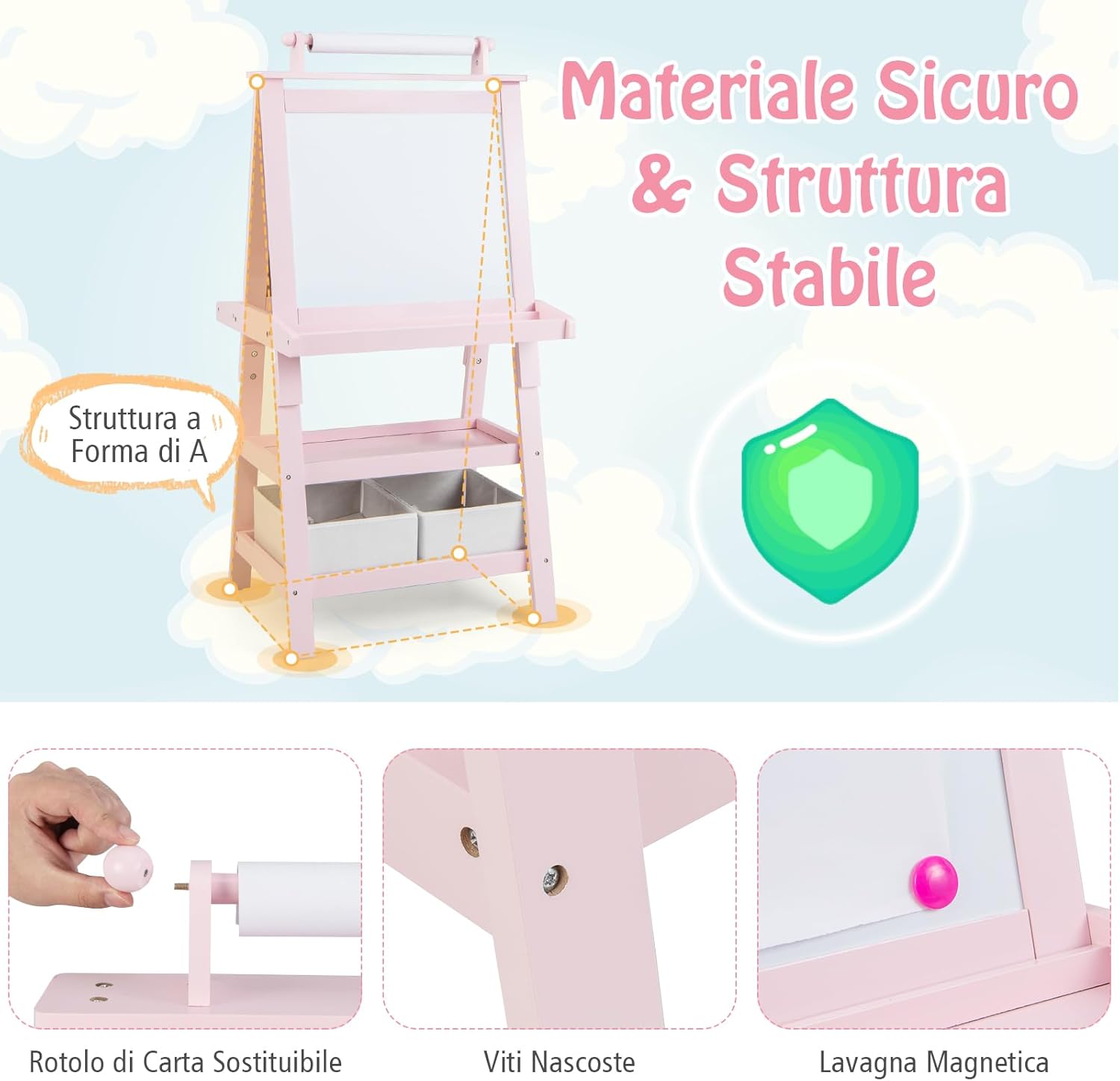 3 in 1 Cavalletto per Bambini con Doppia Faccia, Cavalletto per Disegno con 2 Vassoi e 2 Scatole, Lavagna Bambini in Legno (Rosa)