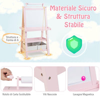 3 in 1 Cavalletto per Bambini con Doppia Faccia, Cavalletto per Disegno con 2 Vassoi e 2 Scatole, Lavagna Bambini in Legno (Rosa)
