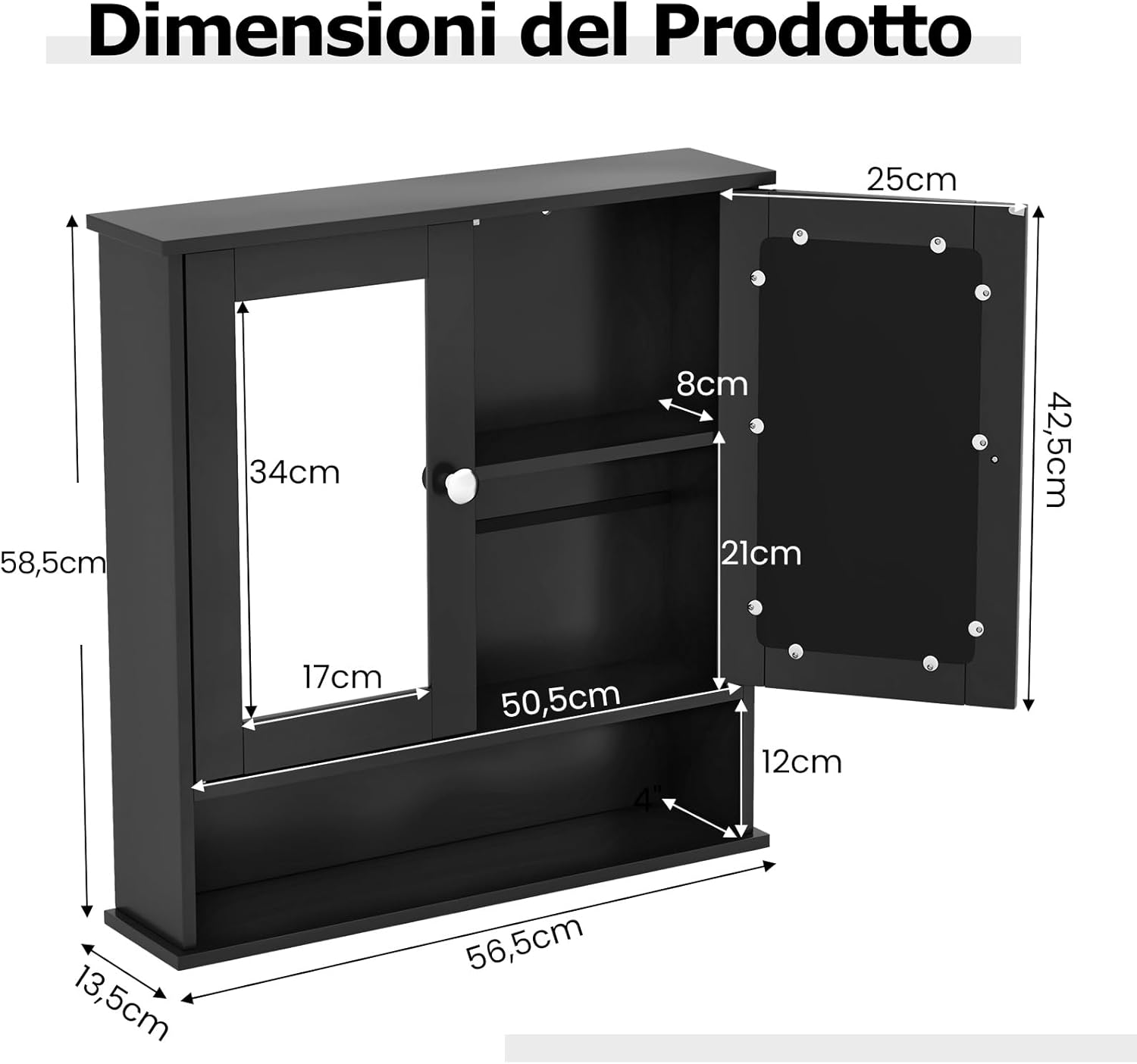 Armadietto da Bagno con Specchio, Armadietto da Parete con Ripiano Regolabile, Mobile da Parete per Bagno (Nero)
