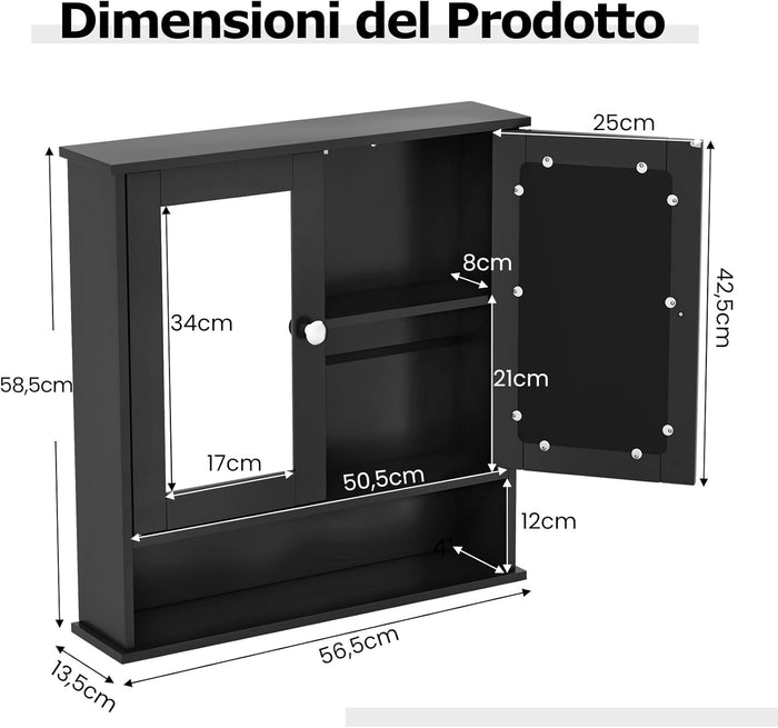 Armadietto da Bagno con Specchio, Armadietto da Parete con Ripiano Regolabile, Mobile da Parete per Bagno (Nero)