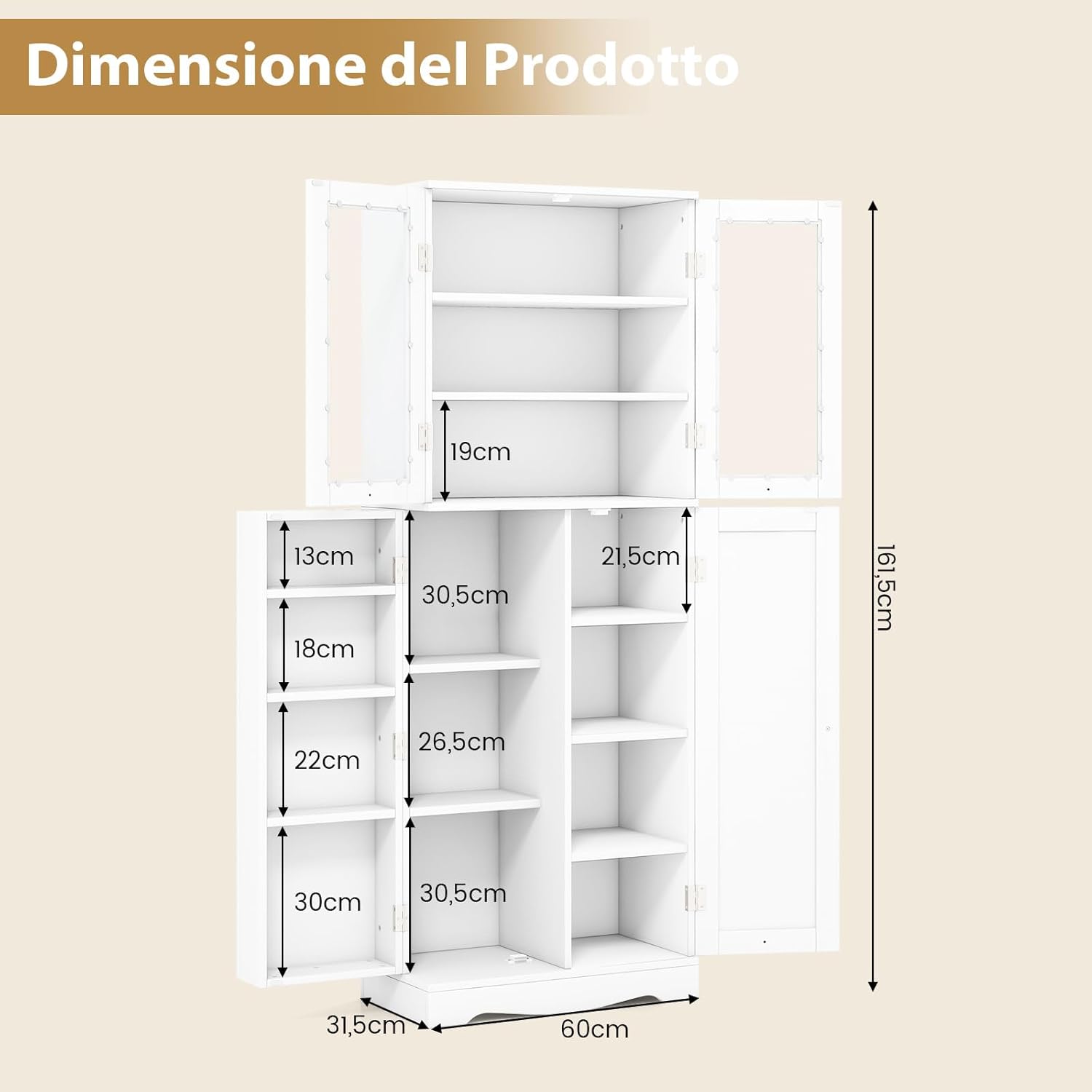 Credenza da Cucina, Dispensa da Cucina con Doppia Porta in Vetro Temperato, Design Antiribaltamento, Ideale per Soggiorno Sala da Pranzo e Cucina, 60x31,5x161,5 cm (Bianco)