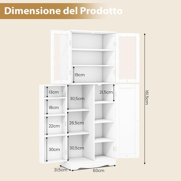 Credenza da Cucina, Dispensa da Cucina con Doppia Porta in Vetro Temperato, Design Antiribaltamento, Ideale per Soggiorno Sala da Pranzo e Cucina, 60x31,5x161,5 cm (Bianco)