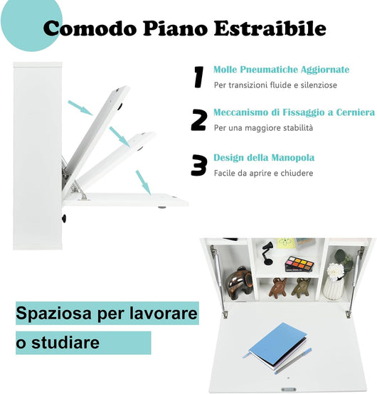 Scrivania Pieghevole a Muro, Tavolo da Parete con Ripiani e Cassetto e Piano Ribaltabile, Scrivania a Ribalta da Parete Multiuso da Studio Camera da Letto e Soggiorno (Bianco)