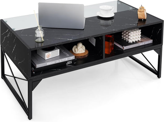 COSTWAY Tavolino da Salotto, Tavolino da Caffè da in Vetro e Legno con Luce LED Multicolore Regolabile a Telecomando e Ripiani, Tavolino per Soggiorno e Ufficio, 105 x 55 x 50 cm (Nero)