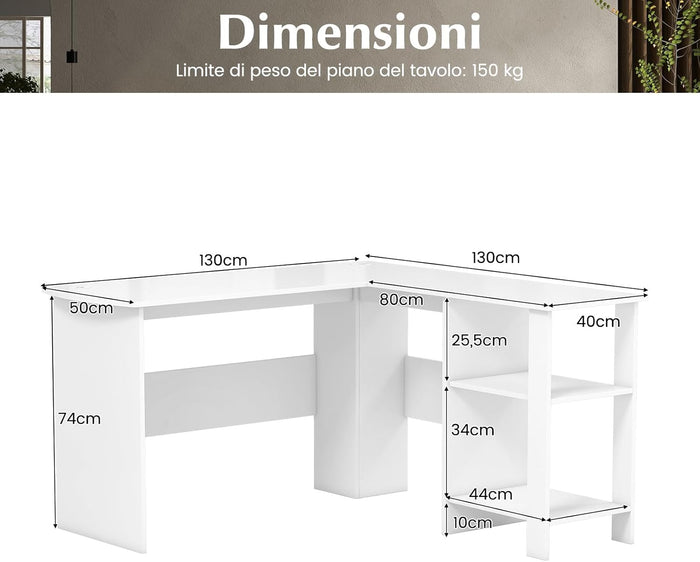 Scrivania Angolare per Computer con Ripiani, Scrivania Porta PC in Legno, Scrivania Salvaspazio e Moderna per Ufficio e Studio, 130 x 130 x 72,5 cm (Bianco)