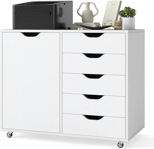 Mobiletto con 5 Cassetti e Anta, Cassettiera per Documenti con 5 Ruote e Ripiano Regolabile, per Soggiorno, Ufficio e Cucina, 79 x 40 x 65 cm (Bianco)