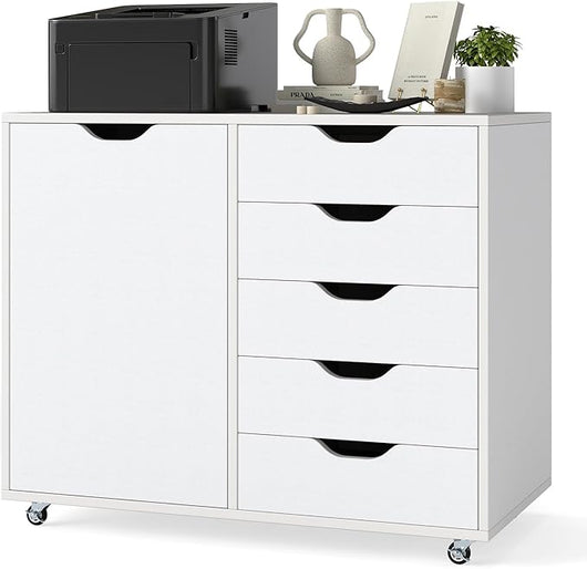 Mobiletto con 5 Cassetti e Anta, Cassettiera per Documenti con 5 Ruote e Ripiano Regolabile, per Soggiorno, Ufficio e Cucina, 79 x 40 x 65 cm (Bianco)