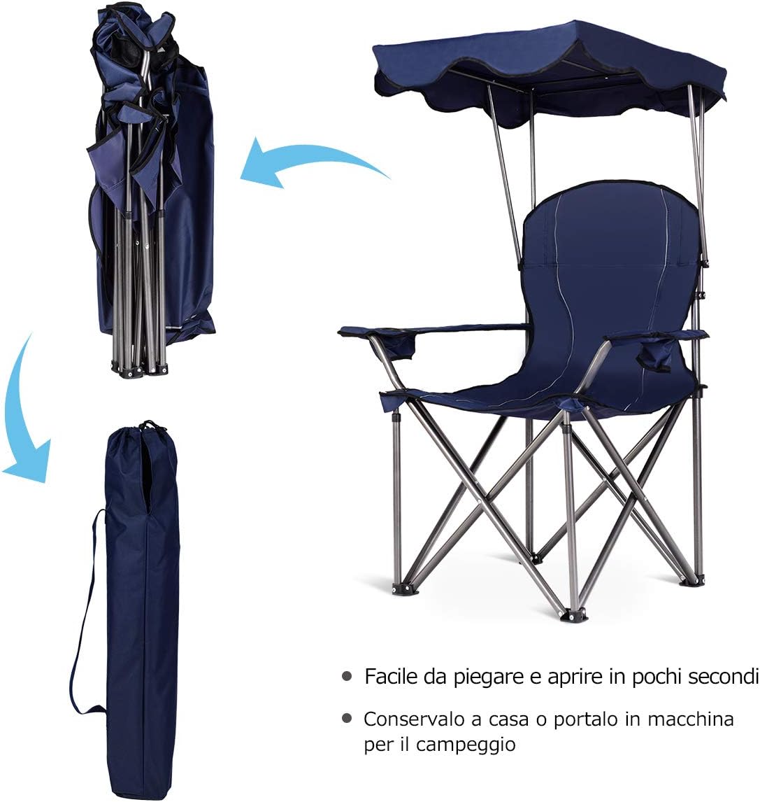 Sedia da Campeggio con Parasole, Sedia Pieghevole da Spiaggia con Portabicchieri, Braccioli Imbottiti, Portatile Reclinabile, Acciaio Carico 120 kg (Blu)