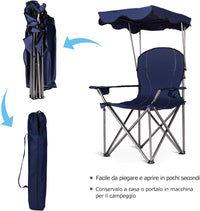 Sedia da Campeggio con Parasole, Sedia Pieghevole da Spiaggia con Portabicchieri, Braccioli Imbottiti, Portatile Reclinabile, Acciaio Carico 120 kg (Blu)