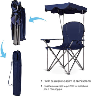 Sedia da Campeggio con Parasole, Sedia Pieghevole da Spiaggia con Portabicchieri, Braccioli Imbottiti, Portatile Reclinabile, Acciaio Carico 120 kg (Blu)