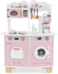 Cucina Giocattolo con Macchina da Caffè, Forno e Lavatrice, Cucina per Bambini in Legno con Microonde e Lavandino, Set Cucina con 13 Accessori, 70 x 30 x 88 cm, per Bambini 3+ Anni