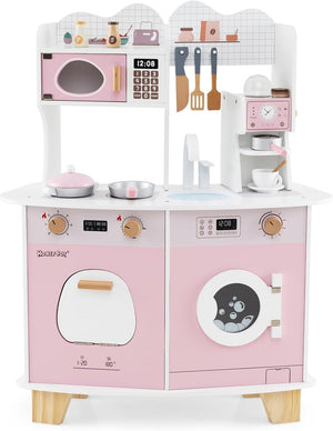 Cucina Giocattolo con Macchina da Caffè, Forno e Lavatrice, Cucina per Bambini in Legno con Microonde e Lavandino, Set Cucina con 13 Accessori, 70 x 30 x 88 cm, per Bambini 3+ Anni