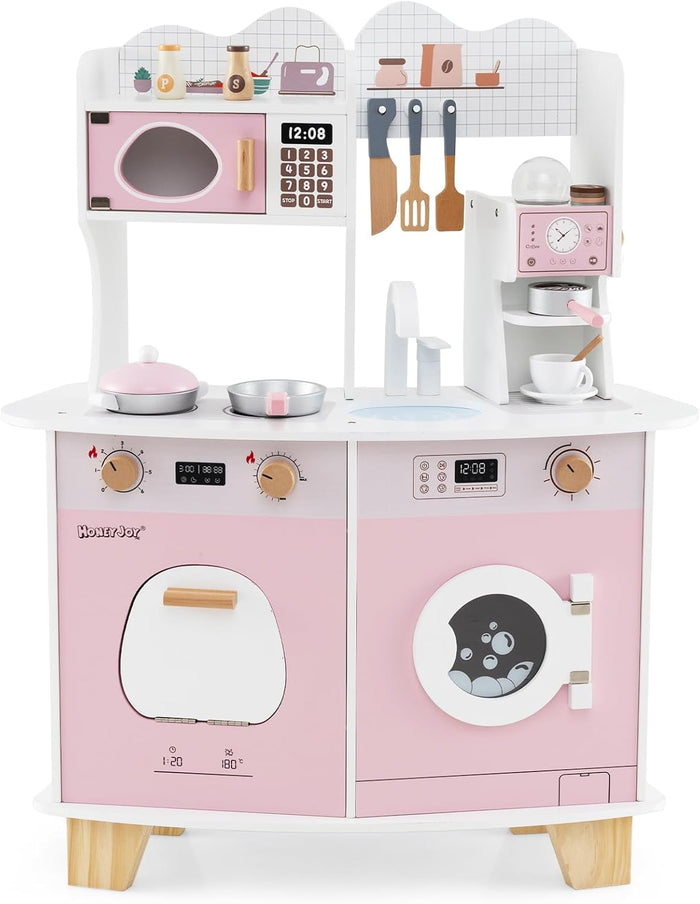 Cucina Giocattolo con Macchina da Caffè, Forno e Lavatrice, Cucina per Bambini in Legno con Microonde e Lavandino, Set Cucina con 13 Accessori, 70 x 30 x 88 cm, per Bambini 3+ Anni