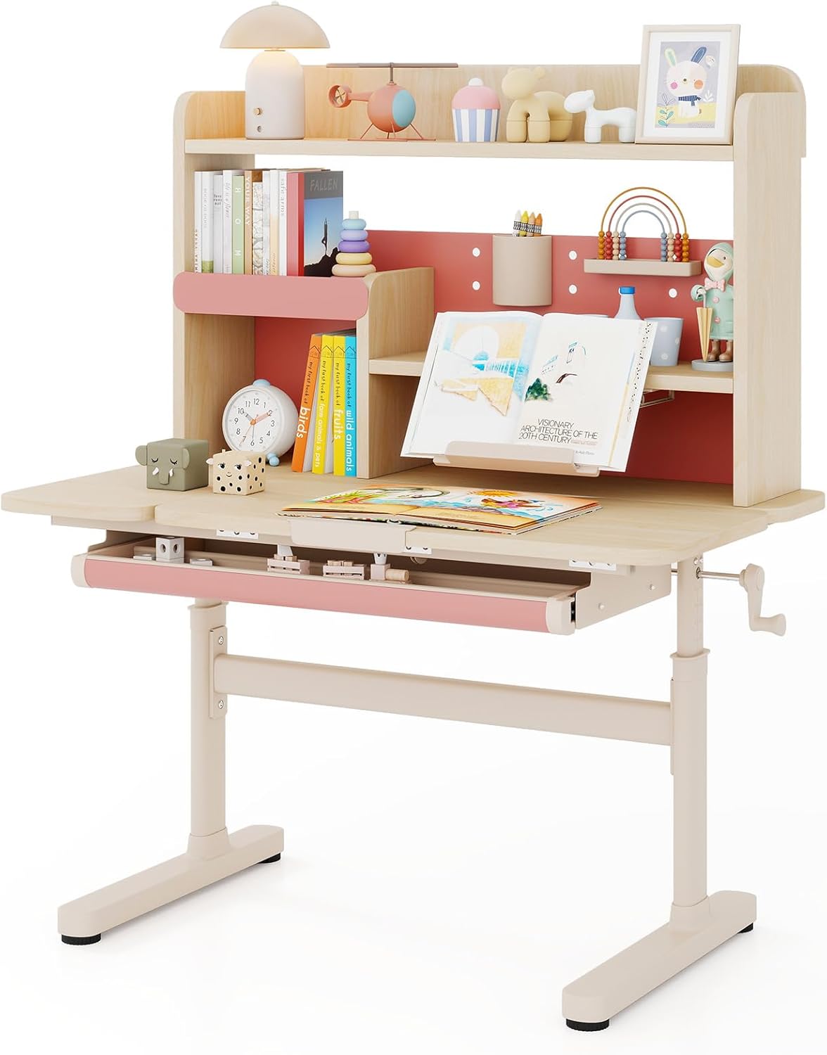 Scrivania per Bambini 3+ Anni, Tavolo da Studio Regolabile in Altezza con Libreria e Cassetto, Piano Inclinabile, Mensole, Leggio e Portapenne, Scrivania per Studiare (Rosa)