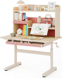 Scrivania per Bambini 3+ Anni, Tavolo da Studio Regolabile in Altezza con Libreria e Cassetto, Piano Inclinabile, Mensole, Leggio e Portapenne, Scrivania per Studiare (Rosa)