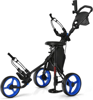 Carrello da Golf Pieghevole con 3 Ruote, Trolley da Golf Altezza Regolabile di Alluminio con Sedile, Porta Ombrello e Porta Bevande