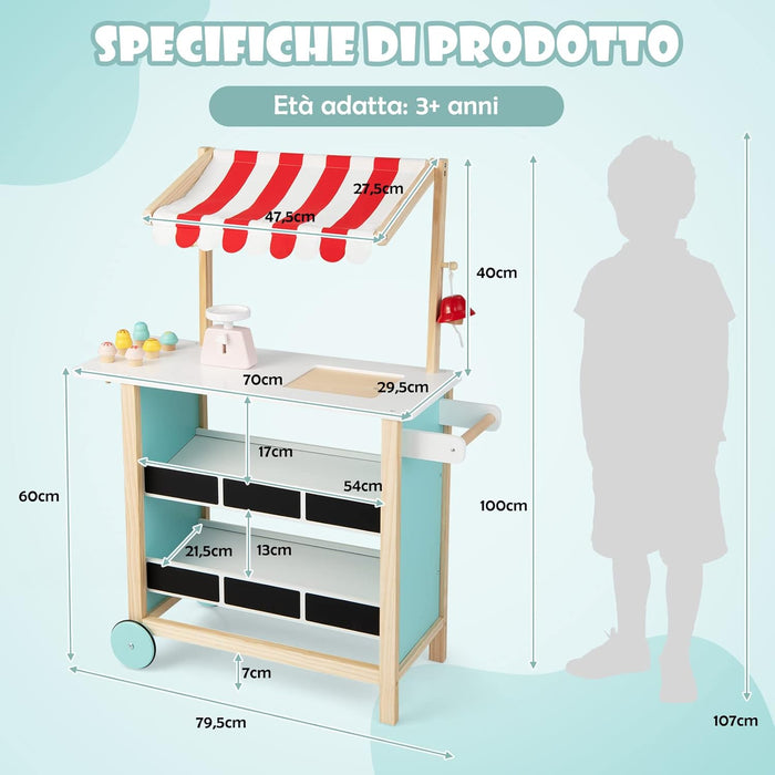 Carretto dei Gelati in Legno per Bambini, con 6 Gelati Giocattolo, Bilancia a Forma di A, Campanello Funzionante, Gelateria per Bambini + 3 Anni, 79 x 29 x 100 cm (Rosso)