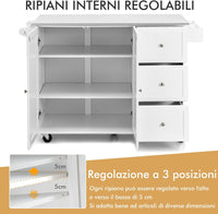 Carrello da Cucina, Isola da Cucina con Piano in Acciaio Inox, 3 Cassetti e Armadietto a 2 Ante, Ripiani Regolabili e Portasciugamani e Portaspezie, 135x45,5x 91,5 cm (Bianco)