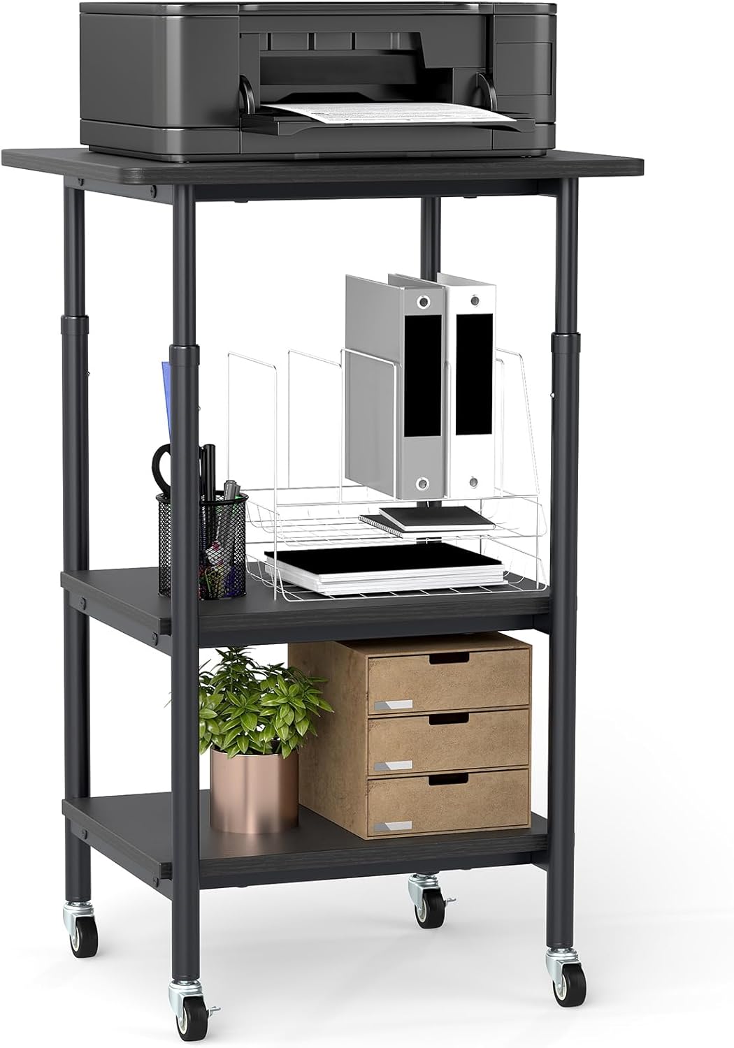 Supporto per Stampante, Carrello Stampante a 3 Livelli con Ripiani di Stoccaggio e Ruote con Blocco, Altezza Regolabile, per Stampante 3D Scanner Fax, 49 x 40 x 65/77 cm (Nero)